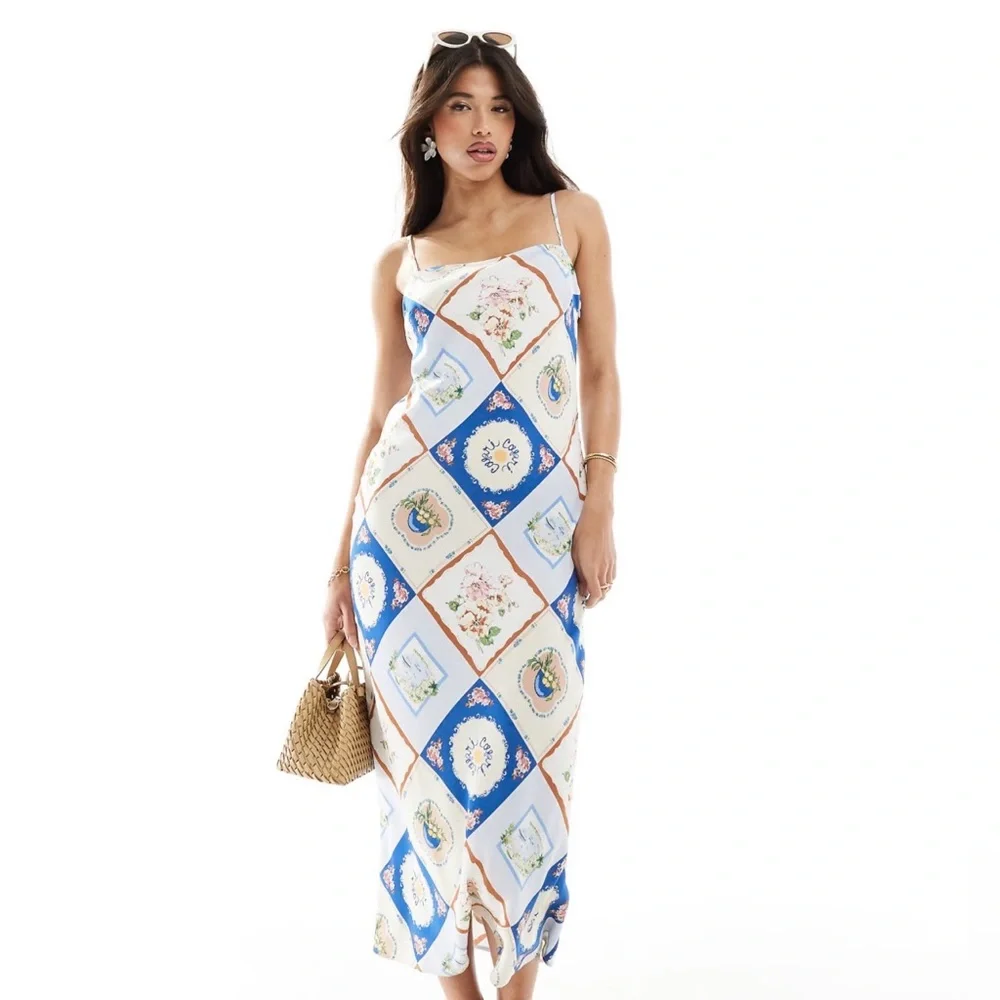 Abercrombie & Fitch slip maxi dress blue tile pattern - medium petite